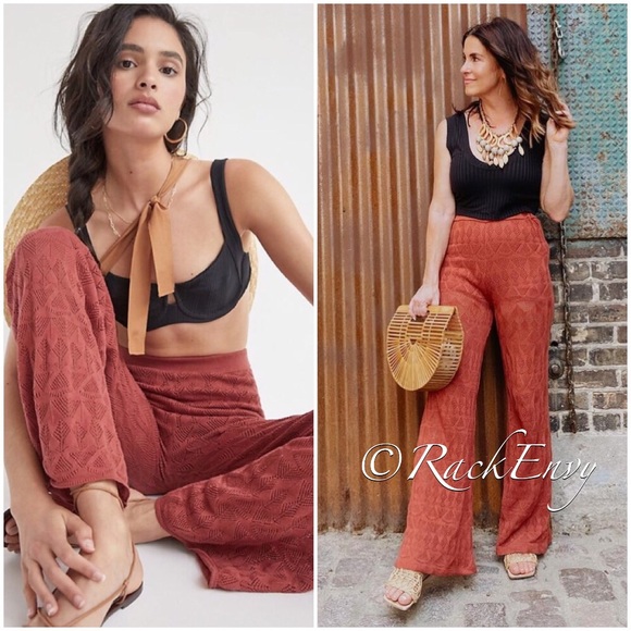 NWT ANTHROPOLOGIE FLAT WHITE POINTELLE WIDE LEG PANTS IN CLAY
